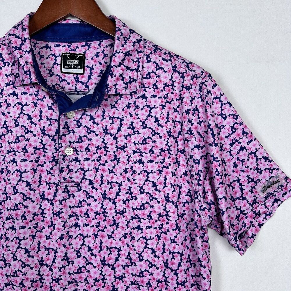 Deolax Performance Polo Shirt Men’s Sz . S -Pink Flowers Cherry Blossom Tropical